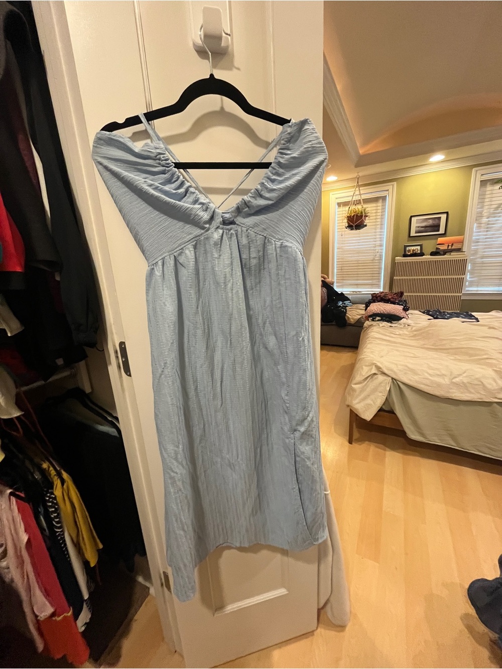 SHEIN Light Blue Ruched V-Neck Satin-Texture Slip Dress